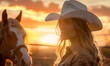 © simba kim - cowgirl in hat backlit by sunset on farm with horse,  Generative AI