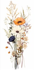 Aufkleber - Generative AI A beautifully curated bouquet of wildflowers set on a white background, offering an open space for text overlays or event announcements. in the style of feminine sticker art, atmospheric