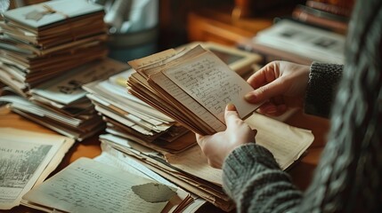 Poster - A person is holding a book in their hands while standing over a pile of other books. The scene evokes a sense of knowledge, learning, and appreciation for literature.