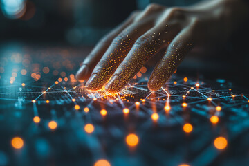 Poster - A hand is touching a screen with a lot of glowing dots
