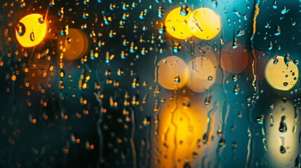 Poster - Rain drops are seen collected on a window pane, with the blurry background of street lights. The scene captures the reflection of light on the raindrops.