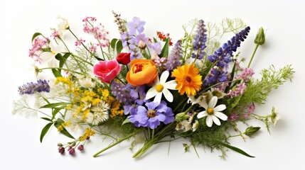 Poster - Generative AI A beautifully curated bouquet of wildflowers set on a white background, offering an open space for text overlays or event announcements