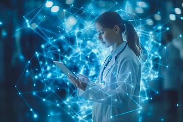Poster - A woman wearing a white lab coat is looking at a tablet