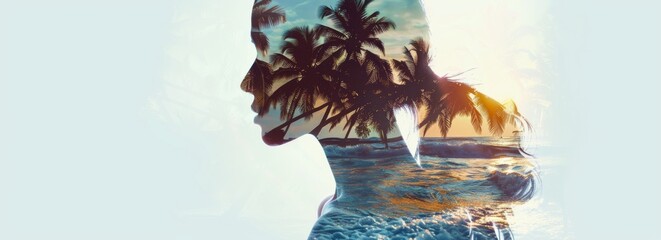 Poster - A double exposure showing a womans face superimposed with a silhouette of a palm tree in the background. The womans features blend seamlessly with the natural elements, creating a unique and artistic 