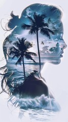Poster - A womans face is pictured against a backdrop of palm trees. The womans expression is neutral, looking directly at the camera. The palm trees are tall and green, swaying in the wind.