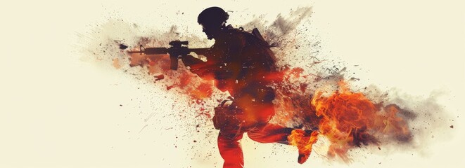 Poster - A man is running through a fire with a gun in his hand. Concept of danger and urgency, as the man is in a life-threatening situation