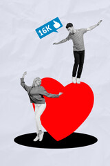 Sticker - Vertical composite collage picture image of two mini people dance balance big heart like isolated on creative background