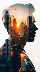 Poster - A double exposure featuring a mans face superimposed on a cityscape, creating a striking contrast between the human subject and the urban environment. The man appears contemplative, framed by skyscrap