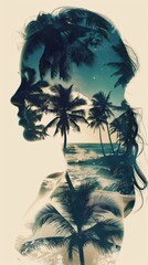 Poster - A double exposure featuring a womans face superimposed with palm trees in the background. The womans features blend seamlessly with the silhouettes of the palm trees, creating a striking and unique vi