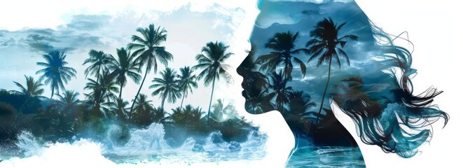 Poster - A painting depicting the profile of a womans face with vibrant palm trees in the background. The womans features are detailed, and the palm trees stand out against a colorful sky.