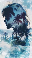 Poster - A womans face is featured in the foreground, with palm trees visible in the background. The contrast between the delicate features of the womans face and the lush palm trees creates a striking visual 