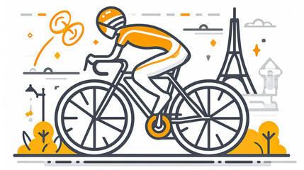 Wall Mural - simple line art minimalist collage illustration with professional track racing cyclist on a track bike and Eiffel Tower in the background