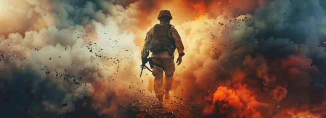 Poster - A soldier is walking through a battlefield with smoke and fire in the background. Concept of danger and chaos, as well as the bravery and determination of the soldier
