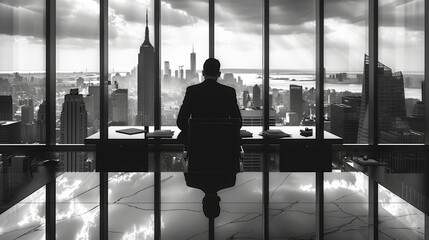 Poster - Rear view. In a black and white corporate office, a CEO sits behind a sleek desk, framed by floor-to-ceiling windows that overlook the city skyline. Generative AI.