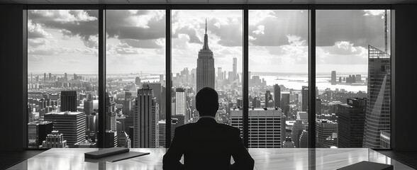 Aufkleber - Rear view. In a black and white corporate office, a CEO sits behind a sleek desk, framed by floor-to-ceiling windows that overlook the city skyline. Generative AI.