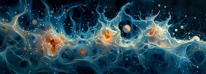 Poster - A blue and orange swirl of space with many small dots. The blue and orange swirls are connected and appear to be moving