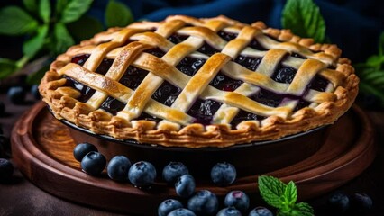 Wall Mural - Delicious blueberry pie bursting with juicy berries for restaurant menu with custom text space. Close-up motion