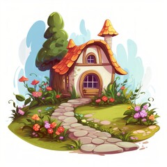 Poster - Generative AI A picturesque small house with a colorful flower bed and a winding stone pathway.