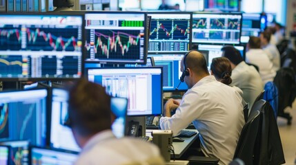 Aufkleber - A diverse group of professionals are seated at desks in a busy office environment, focused on their computer monitors. They are engaged in various tasks such as typing, analyzing data, communicating, 
