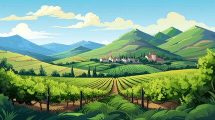 Poster - Generative AI A picturesque vineyard with rows of grapevines and hills in the backdrop.