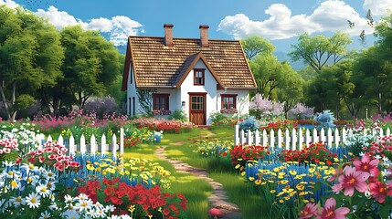 idyllic cottage with flower garden in springtime, for posters