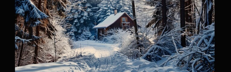 Poster - A small cabin is surrounded by trees and snow. The cabin is the only building in the scene