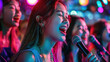 © Julia Zarubina - asian young women singing karaoke, girls, microphone, singer, music group, song, korean, k-pop, portrait, vocal, chinese, japanese, face, people, person, voice, performance, concert, musical