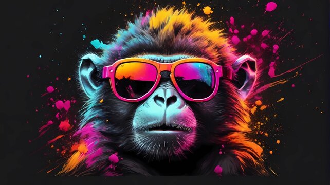 adorable monkey wear sunglasses with neon art illustration