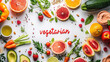 © Julia Zarubina - inscription vegetarian on a white background framed by fruits and vegetables, word, lettering, food, healthy eating, nutritious, letters, table, vegetarianism, top view, restaurant, cafe, kitchen