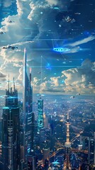Aufkleber - A futuristic cityscape is depicted under a dazzling blue sky dotted with fluffy white clouds. Skyscrapers, futuristic buildings, and advanced architecture dominate the urban landscape. The sky adds a 