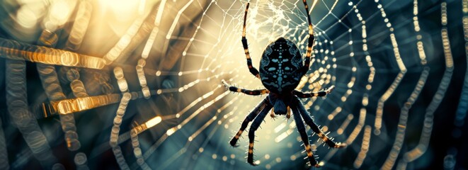 A spider is in the center of a web. The spider is black and white. The web is blue and yellow