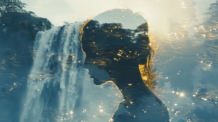 Poster - A silhouette of a woman standing in front of a powerful waterfall, showcasing the contrast between her figure and the cascading water.