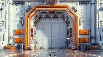Poster - Industrial sci-fi door with a strong structure of hinges and cables and a retractable metallic gate like a store front, sci-fi, concept, white and orange. Generative AI.