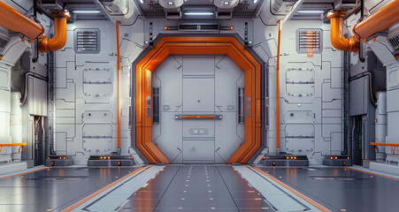 Poster - Industrial sci-fi door with a strong structure of hinges and cables and a retractable metallic gate like a store front, sci-fi, concept, white and orange. Generative AI.