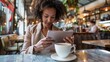 © vadosloginov - A businesswoman sitting at a table, engaged with a tablet device. She appears focused on the screen, possibly working or browsing. The background is minimal, emphasizing the technology in use.