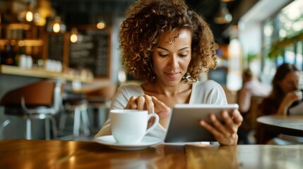 Aufkleber - A businesswoman is seated at a table, focused on her tablet. She appears engaged in her work, possibly reading or typing on the device.