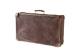 Fototapeta  - Old brown worn out suitcase isolated on white background with clipping path