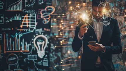 Poster - A man dressed in a formal suit is standing while holding a smart phone in his hand, appearing focused and engaged with the device.