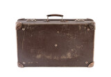 Fototapeta  - Old brown worn out suitcase isolated on white background with clipping path