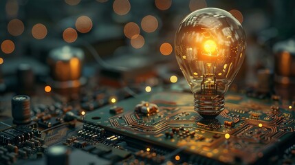 Poster - In the dim environment, there is a circuit board with an embedded light bulb that is glowing. Generative AI.