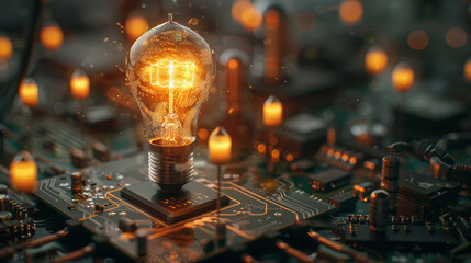 Poster - In the dim environment, there is a circuit board with an embedded light bulb that is glowing. Generative AI.