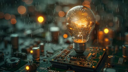 Poster - In the dim environment, there is a circuit board with an embedded light bulb that is glowing. Generative AI.