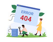 Error 404, page not found notification. Tiny people holding popup warning message and tool of technical support to repair lost network connection of server and broken wires cartoon vector illustration