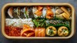 Vibrant Bento Box with Sushi, Vegetables, Eggs, and Rice. Generative ai.