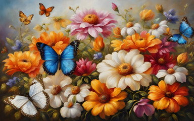 Bright colorful flowers and white with gold butterflies painted with oil paint