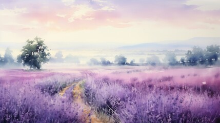 Poster - Generative AI A tranquil, misty morning in a lavender field. landscape watercolor