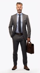 Poster - Generative AI Middle-aged male lawyer in a suit, briefcase in hand, slight smile, professional posture, on a white backdrop