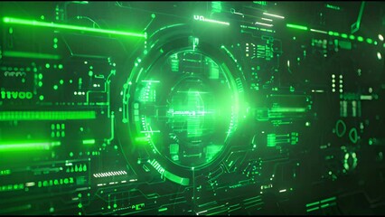 Aufkleber - A futuristic HUD with green elements displaying poor interference signals. Background is an abstract hologram in a hi-tech future environment.