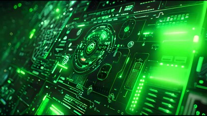 Poster - In a futuristic screen panel with futuristic green elements, small interference signals cause poor user control. In the background, there is an abstract hologram noise background with a VHS tape.