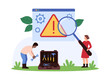 Error 404, page not found notification window. Tiny people research online warning message with exclamation point inside triangle through magnifying glass to repair cartoon vector illustration